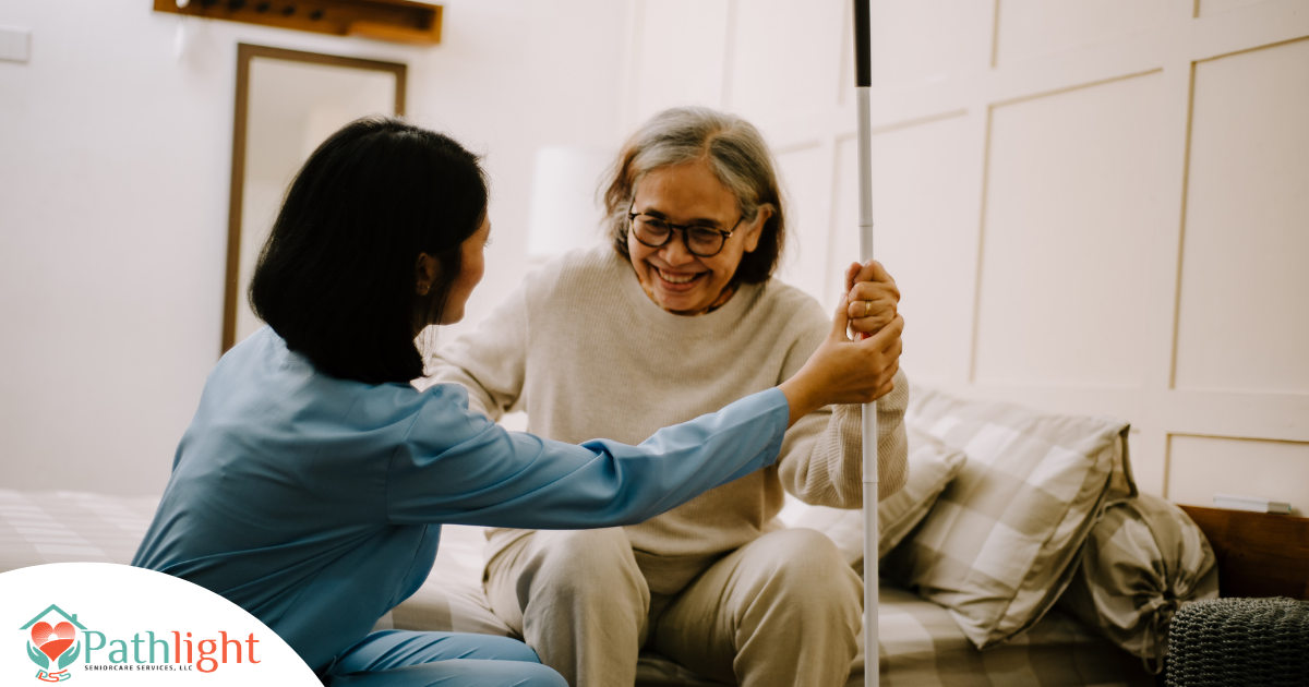 Daughter helping elderly mother complete daily tasks